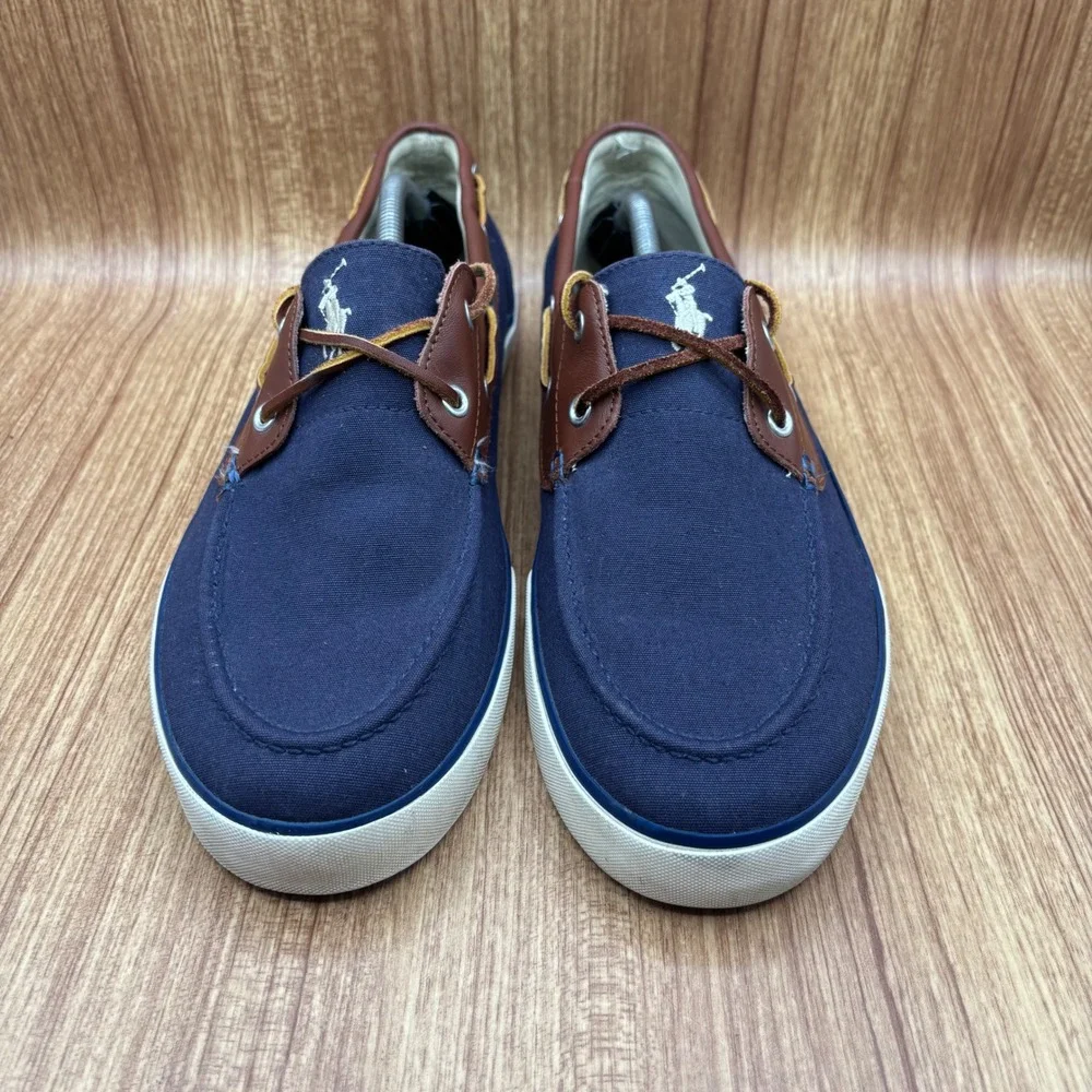 Polo Ralph Lauren Rylander Boat Shoe Navy Brown Men Size 13 D Canvas Leather